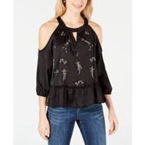 INC Embellished Cold Shoulder Peplum Blouse Black Womens Small